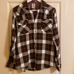 Arrow Vtg Flannel Plaid Button Down L/S Shirt Chocolate Brown Cream Red Medium